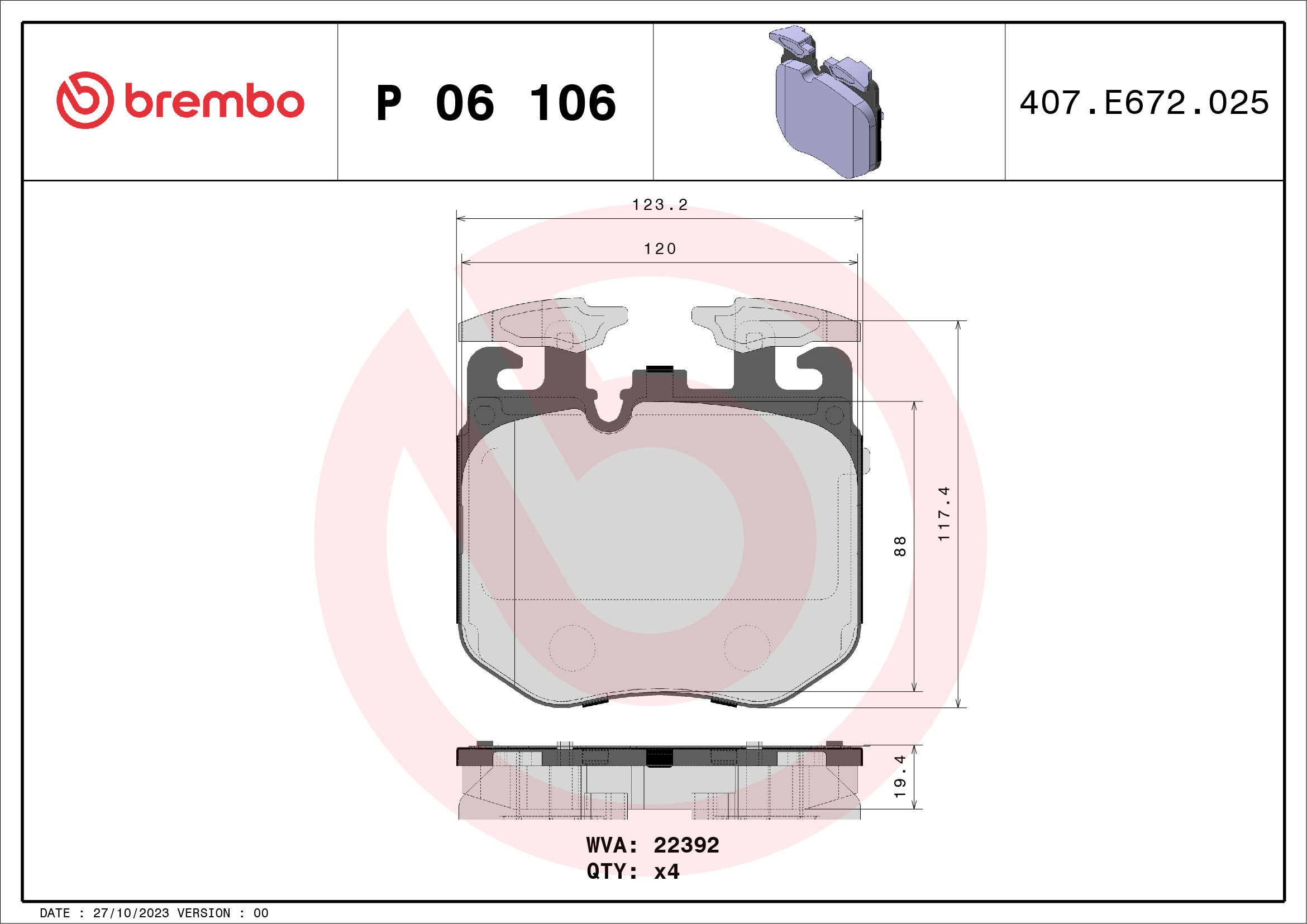 A.B.S. P 06 106 BREMBO Bremsbelagsatz, Scheibenbremse